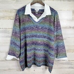 Serengeti Sweater Top 2X Purple Blue Green Layered Look Knit Pullover 3/4 Sleeve